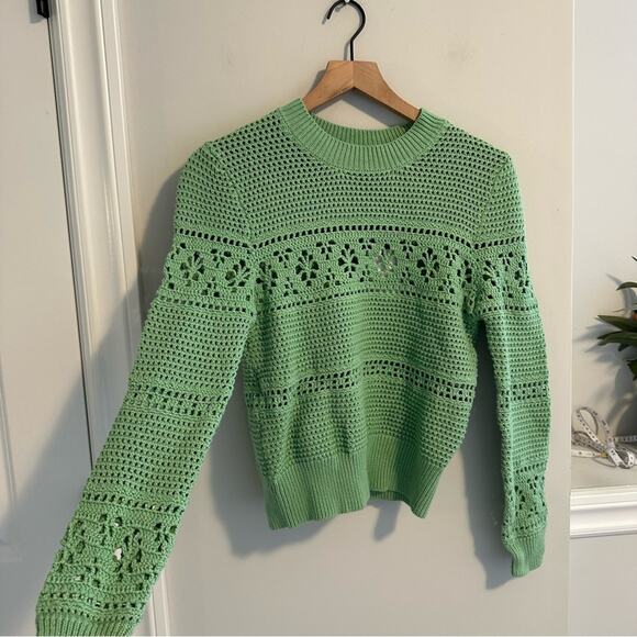 NWT 27 Miles Green Cotton Crochet Crewneck Sweater XS - Picture 11 of 14